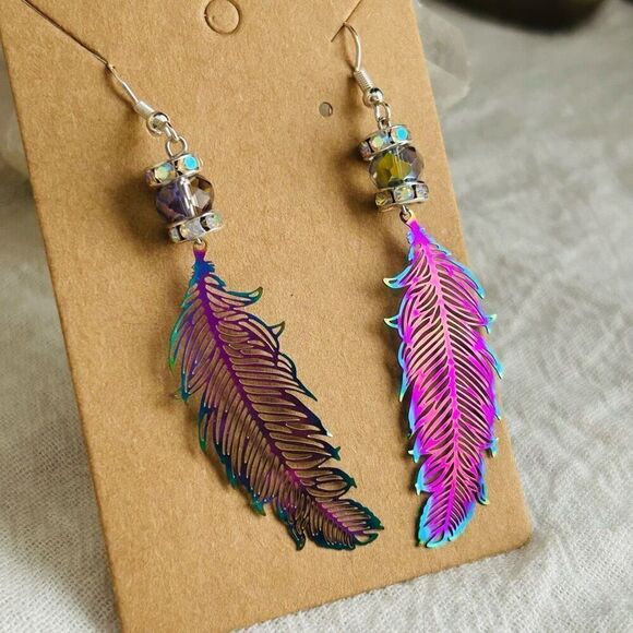 Iridescent Rainbow Feather Dangle Rhinestone Earrings .925 Sterling Silver - Picture 1 of 6